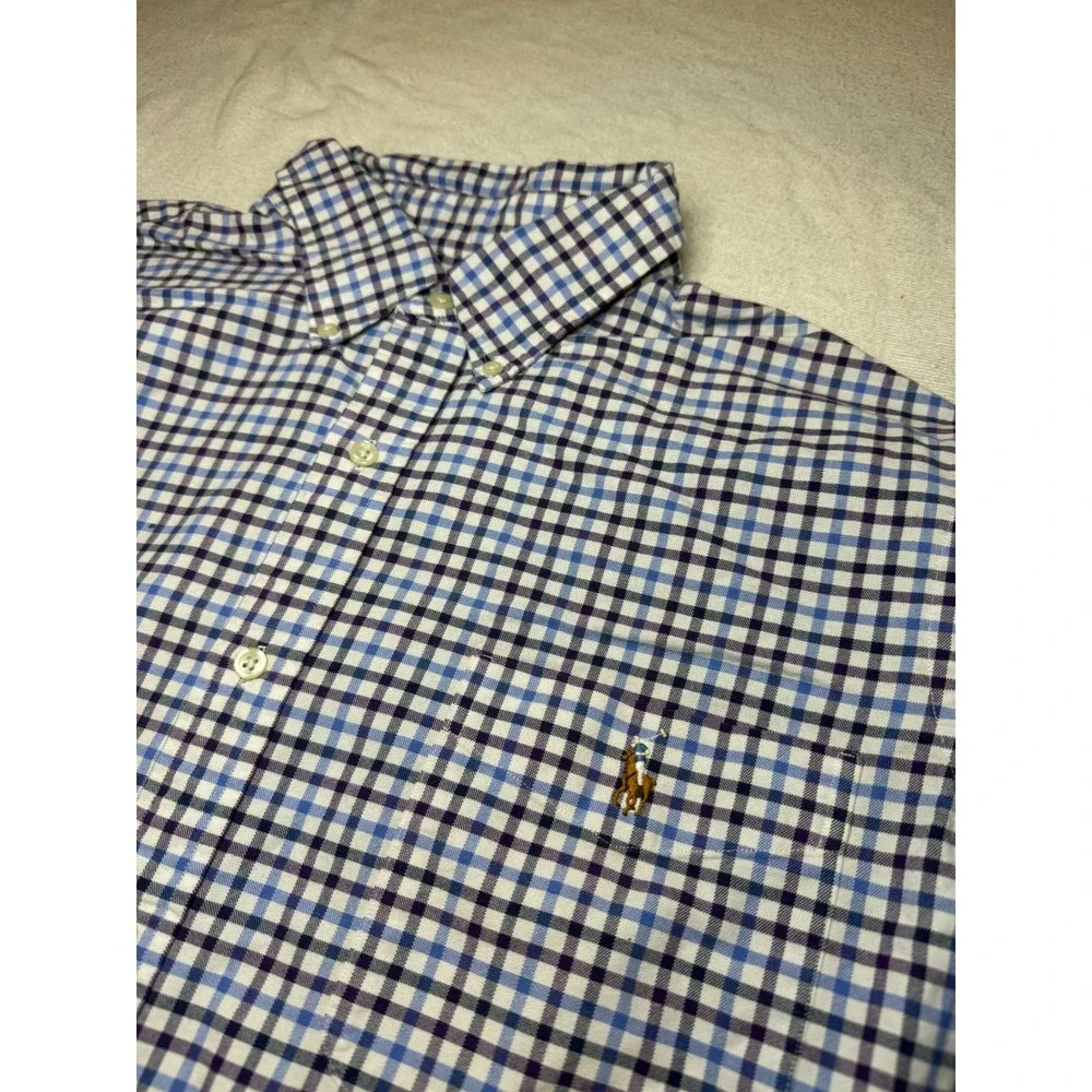 Polo Ralph Lauren Button Down Shirt Mens 2XL Blue Purple Plaid Long Sleeve Pony